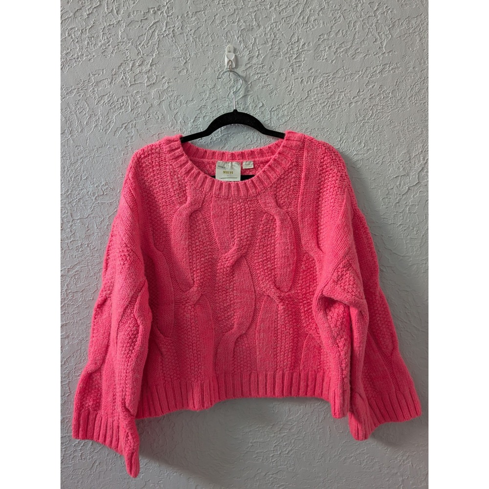 Maeve Anthropologie Cable Knit Sweater Womens M Pink Wool Blend Pullover Cozy